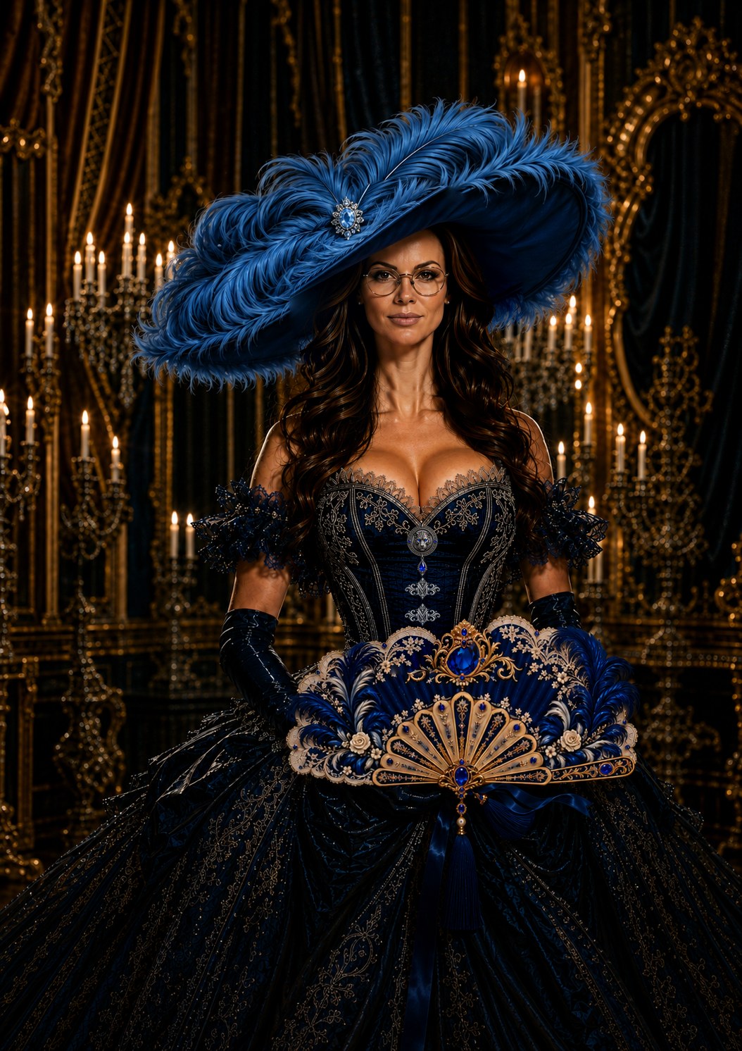 Nathy — Ambassadrice Artistique Velara Muse, tenue de corseterie signature, grand chapeau à plumes bleu